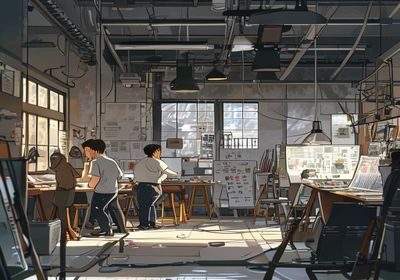 日本动画制作工作室内部场景，动画师在专业绘图板前进行数字作画，展示日本里番制作流程中的作画环节，画面呈现专业的创作氛围